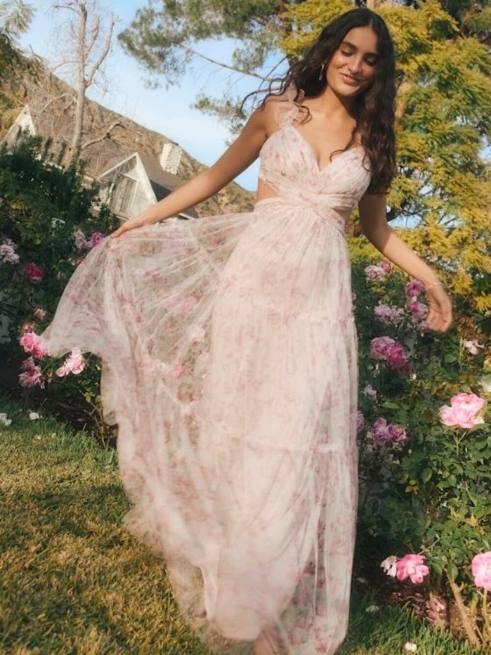 Lulus Ethereal Love Blush Floral Pleated Tiered Tie-back Maxi Dress (XXS)